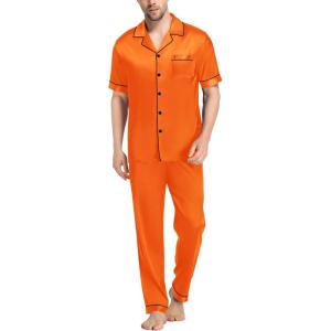 SWOMOG Mens Satin Pajama Set Short Sleeve Classic Sleepwear Button Down Silky Loungewear with Long Pants(Orange)