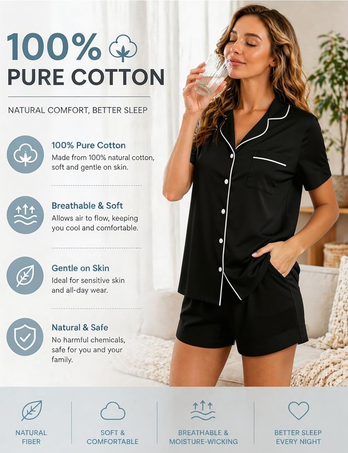 imageSWOMOG 100 Cotton Pajamas for Women Set 2 Pieces Button Down Pjs Set Short Sleeve with Pockets Soft Loungewear XSXXLBlack