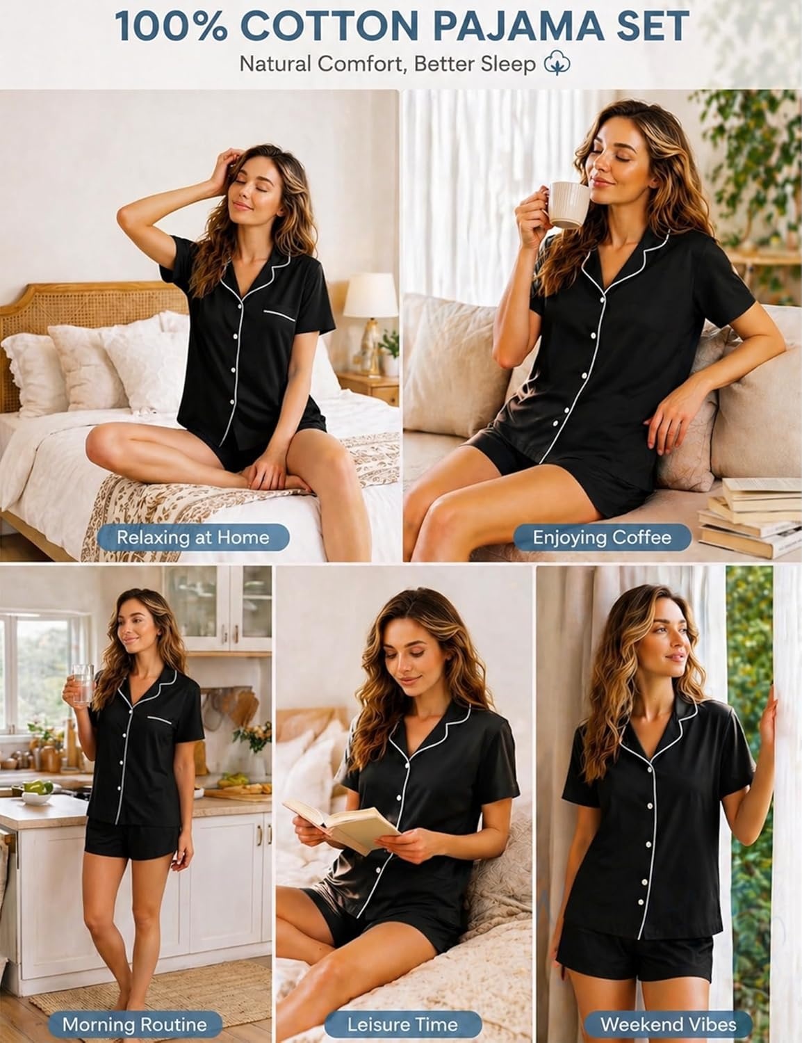 imageSWOMOG 100 Cotton Pajamas for Women Set 2 Pieces Button Down Pjs Set Short Sleeve with Pockets Soft Loungewear XSXXLBlack