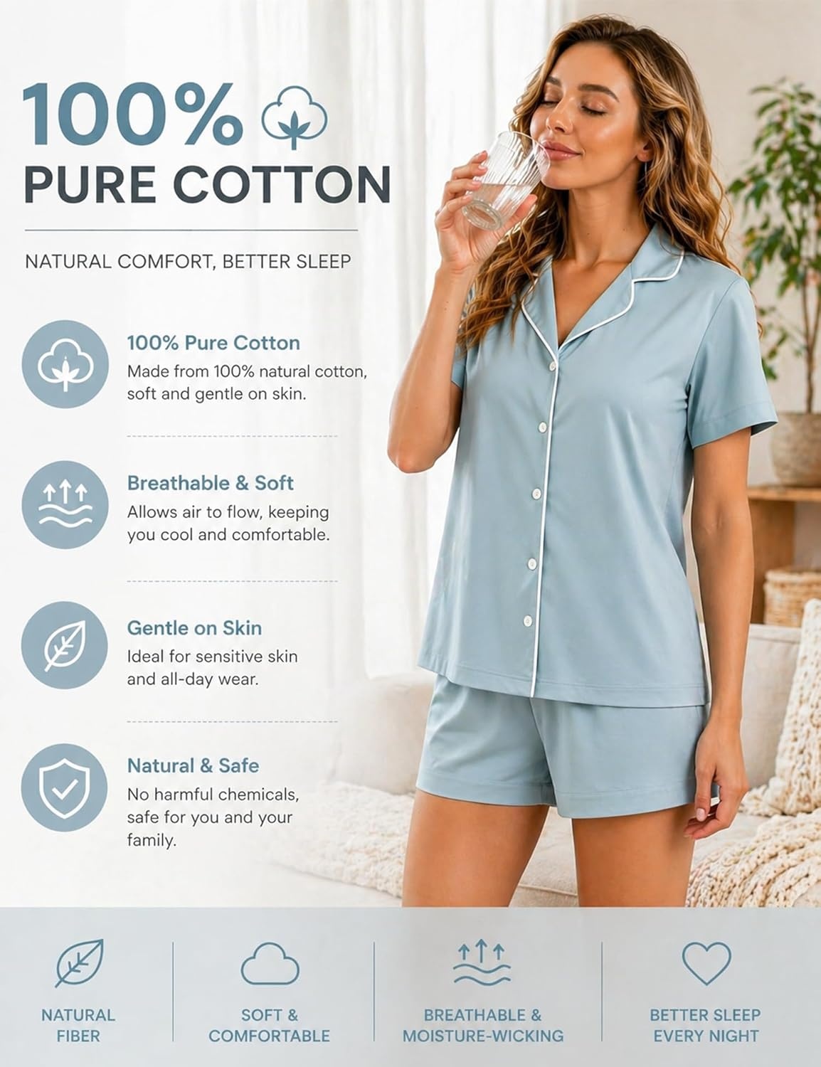 imageSWOMOG 100 Cotton Pajamas for Women Set 2 Pieces Button Down Pjs Set Short Sleeve with Pockets Soft Loungewear XSXXLBlue