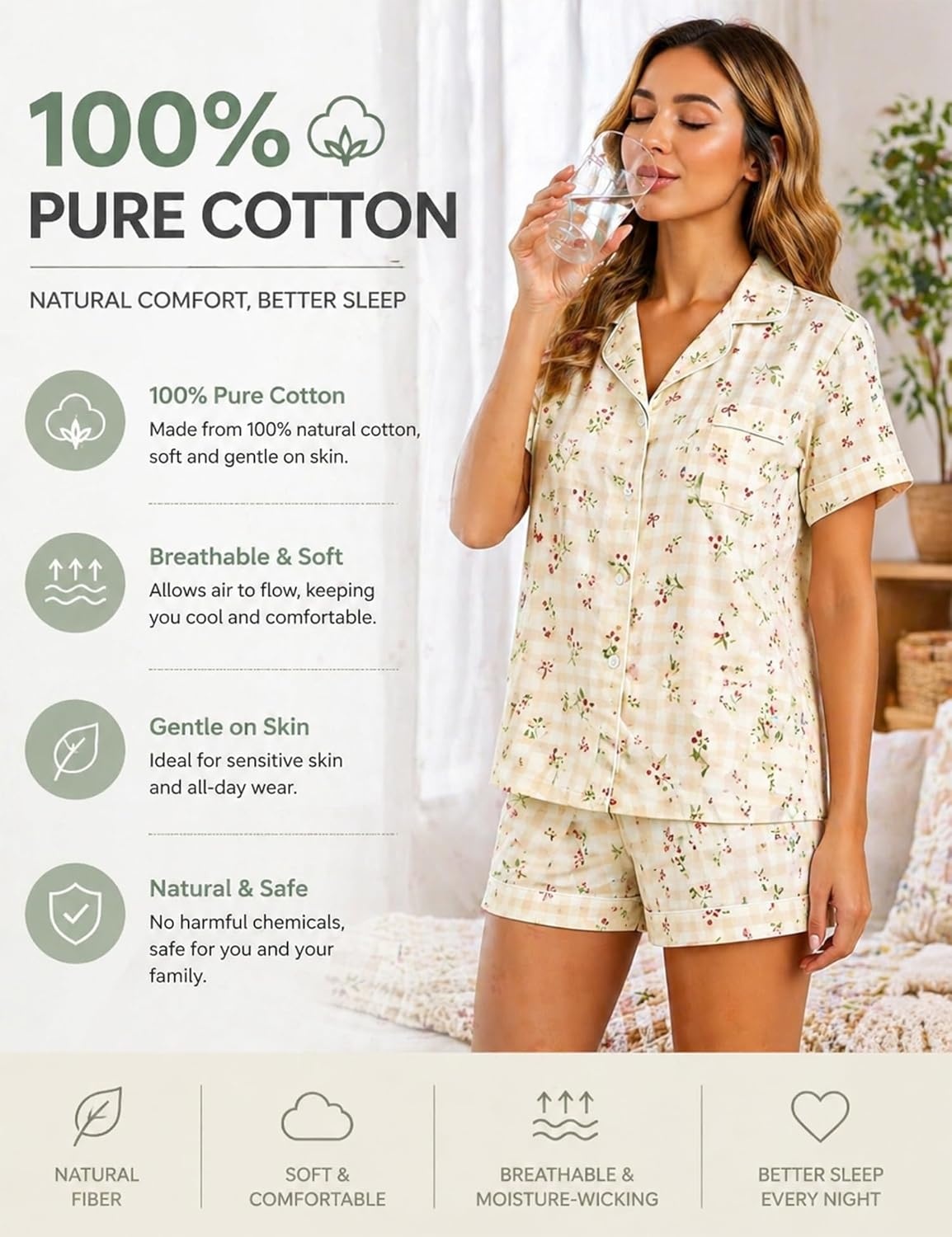 imageSWOMOG 100 Cotton Pajamas for Women Set 2 Pieces Button Down Pjs Set Short Sleeve with Pockets Soft Loungewear XSXXLCherry Bow Gingham