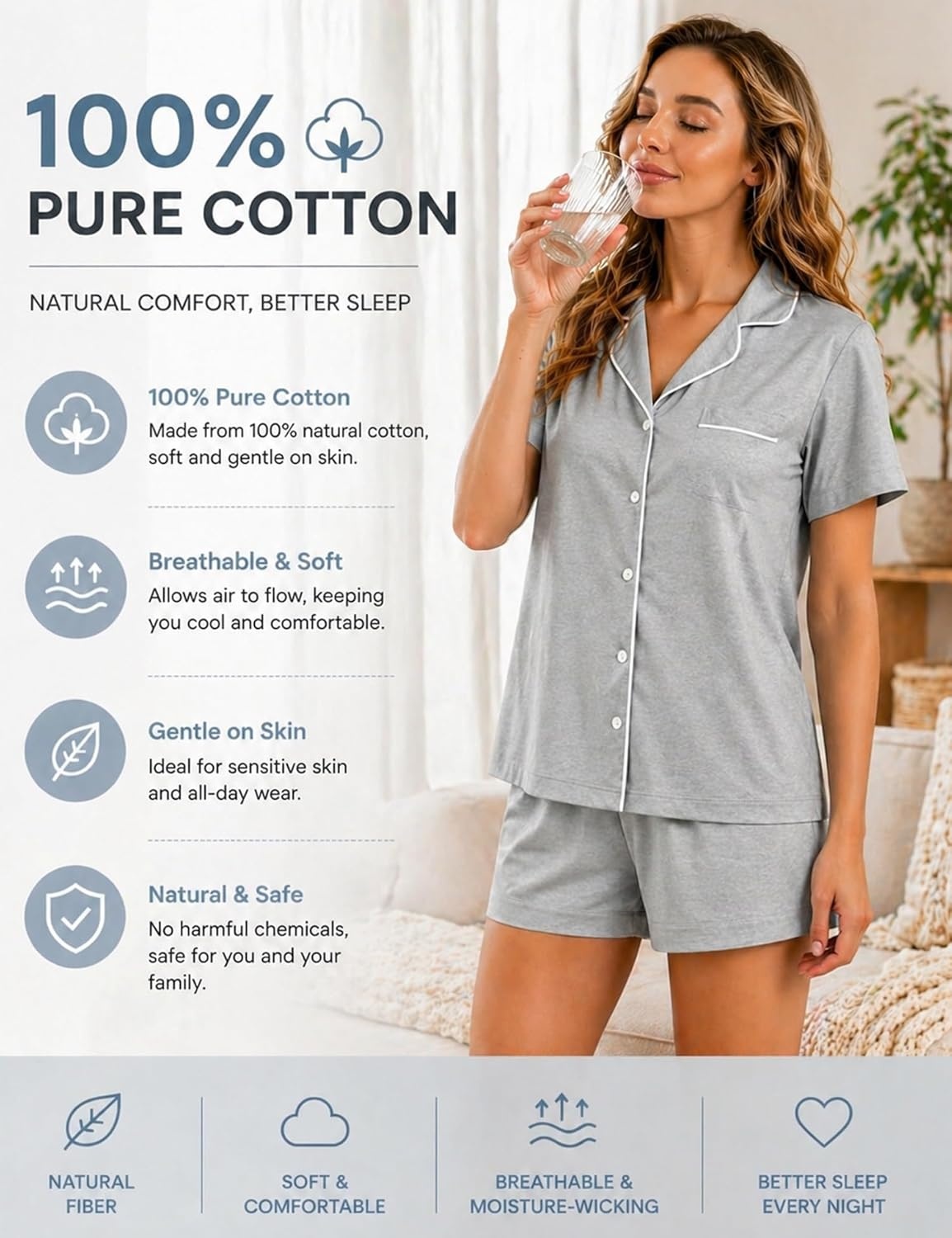 imageSWOMOG 100 Cotton Pajamas for Women Set 2 Pieces Button Down Pjs Set Short Sleeve with Pockets Soft Loungewear XSXXLGray