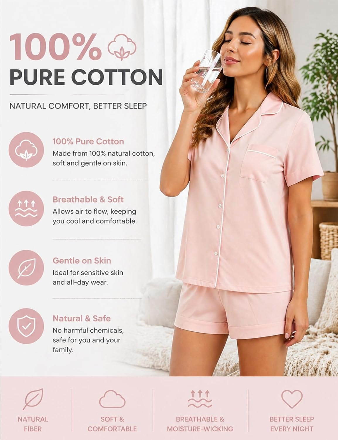 imageSWOMOG 100 Cotton Pajamas for Women Set 2 Pieces Button Down Pjs Set Short Sleeve with Pockets Soft Loungewear XSXXLPink