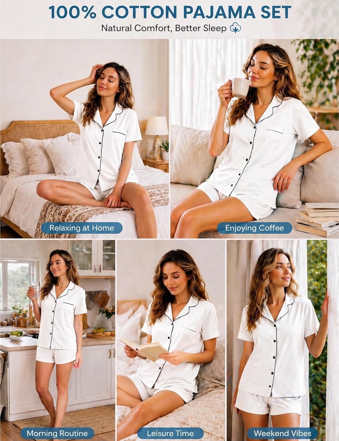 imageSWOMOG 100 Cotton Pajamas for Women Set 2 Pieces Button Down Pjs Set Short Sleeve with Pockets Soft Loungewear XSXXLWhite