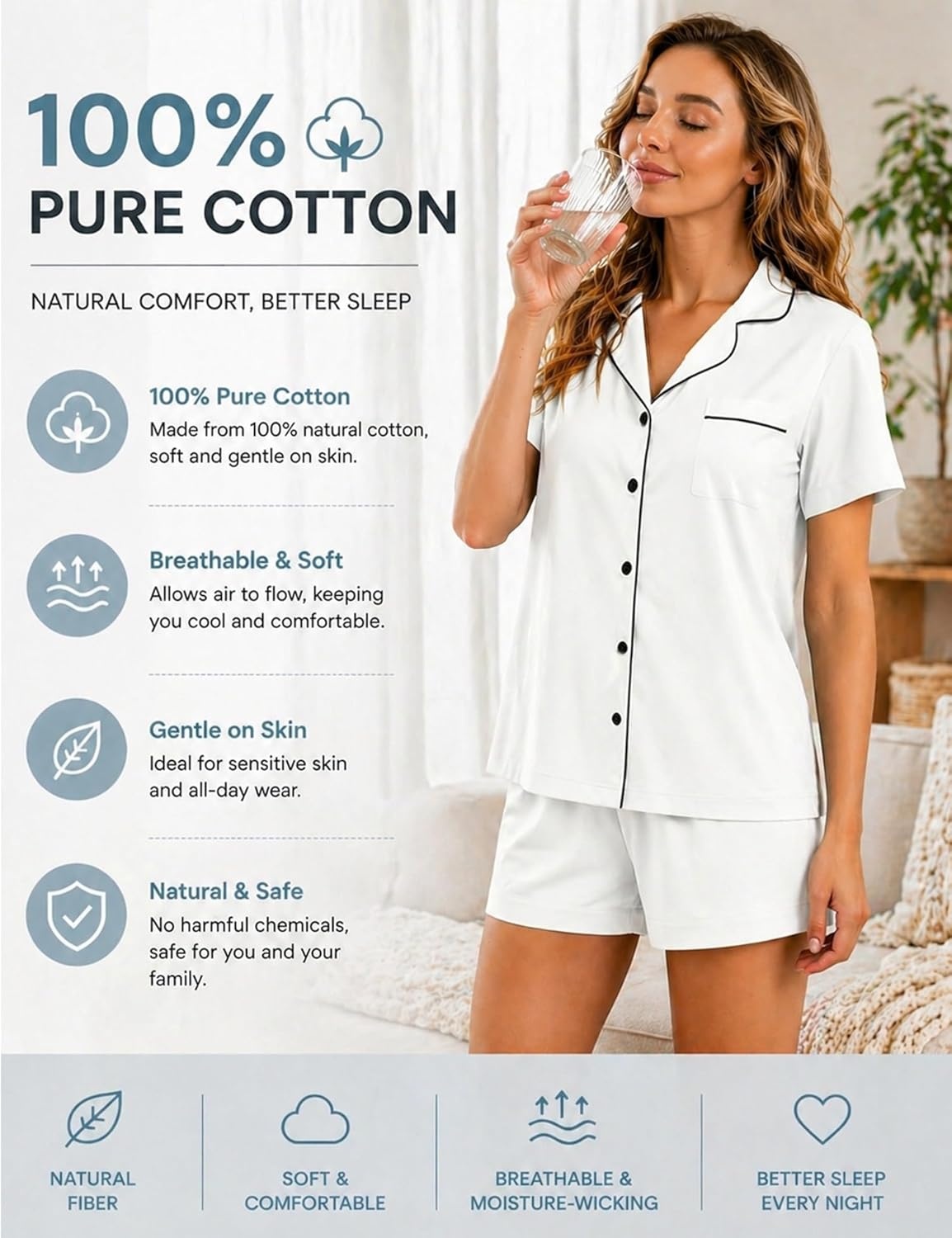 imageSWOMOG 100 Cotton Pajamas for Women Set 2 Pieces Button Down Pjs Set Short Sleeve with Pockets Soft Loungewear XSXXLWhite