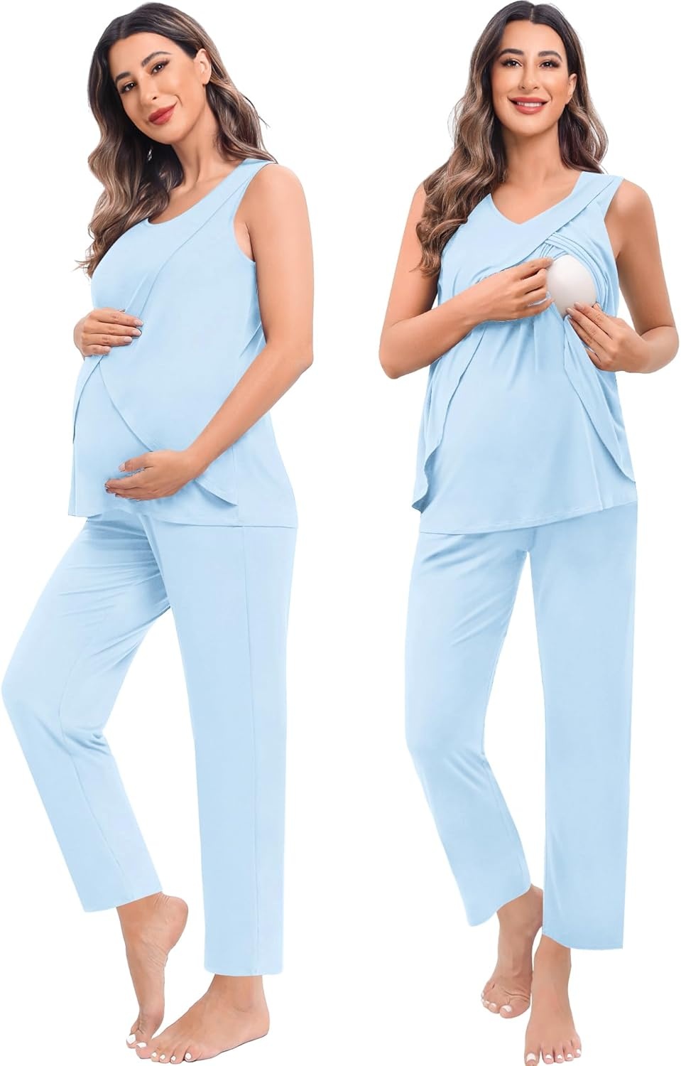 imageSWOMOG Maternity Nursing Robe Set 3 PCS Postpartum Breastfeeding Pajamas Hospital Pregnancy Pjs Double Layer Lounge SetBaby Blue