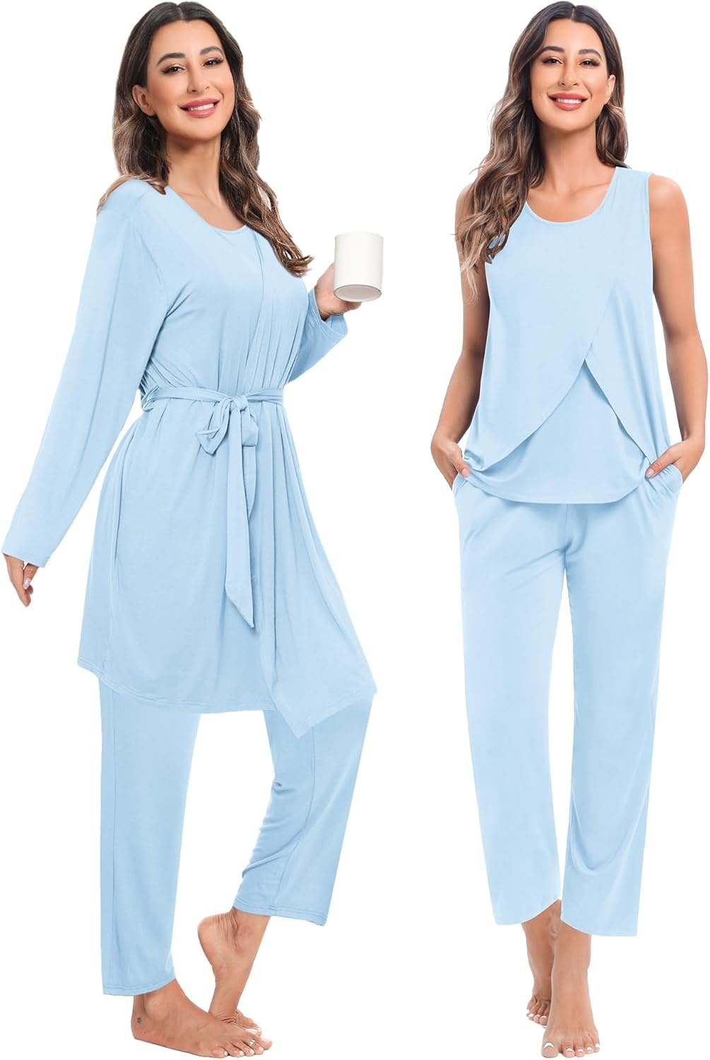 imageSWOMOG Maternity Nursing Robe Set 3 PCS Postpartum Breastfeeding Pajamas Hospital Pregnancy Pjs Double Layer Lounge SetBaby Blue