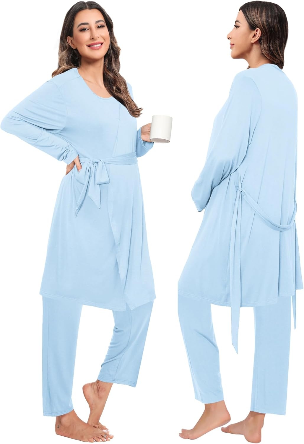 imageSWOMOG Maternity Nursing Robe Set 3 PCS Postpartum Breastfeeding Pajamas Hospital Pregnancy Pjs Double Layer Lounge SetBaby Blue