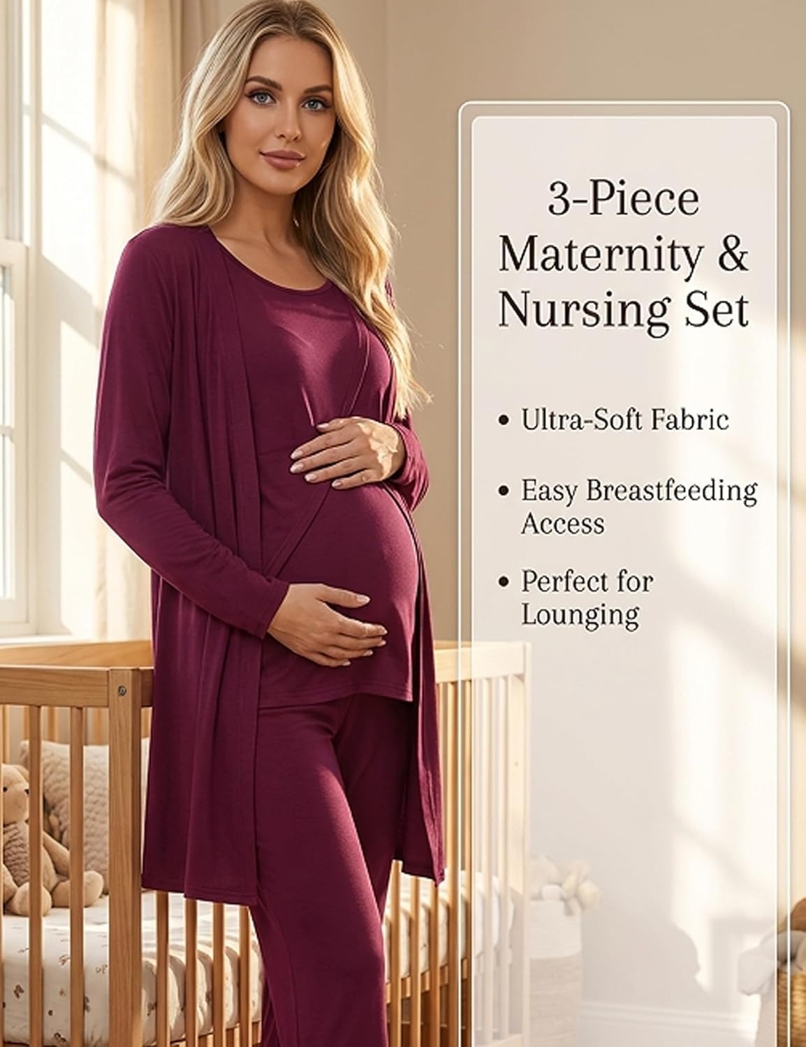 imageSWOMOG Maternity Nursing Robe Set 3 PCS Postpartum Breastfeeding Pajamas Hospital Pregnancy Pjs Double Layer Lounge SetBurgundy