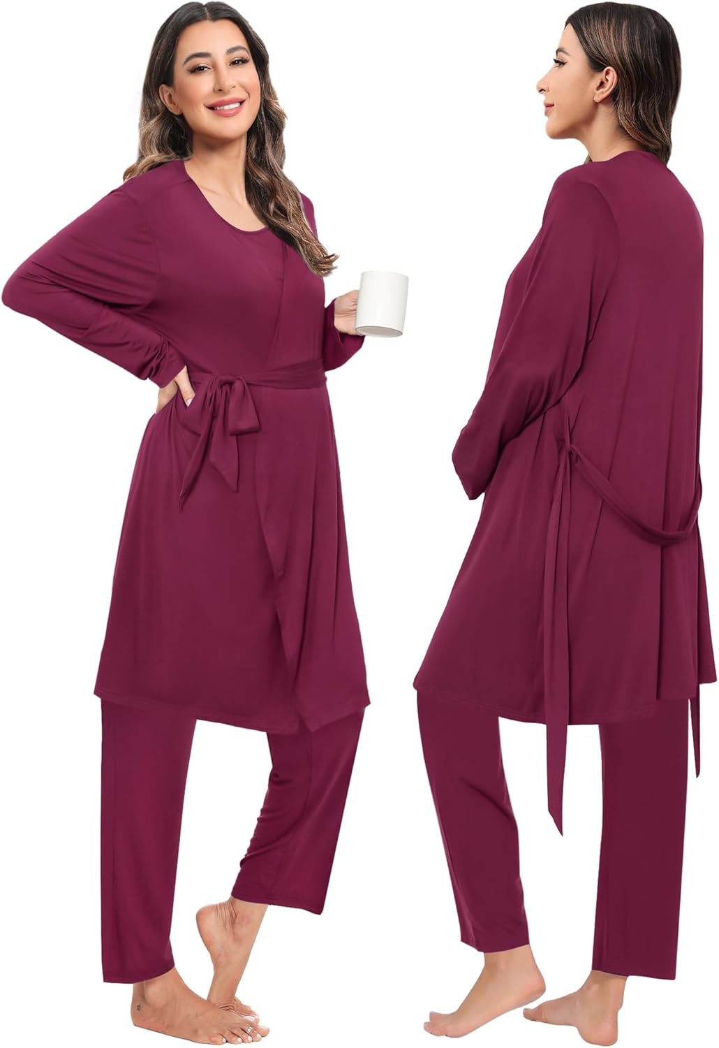 imageSWOMOG Maternity Nursing Robe Set 3 PCS Postpartum Breastfeeding Pajamas Hospital Pregnancy Pjs Double Layer Lounge SetBurgundy