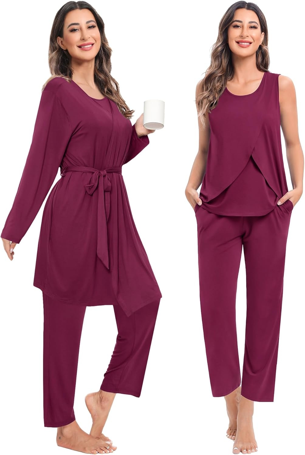 imageSWOMOG Maternity Nursing Robe Set 3 PCS Postpartum Breastfeeding Pajamas Hospital Pregnancy Pjs Double Layer Lounge SetBurgundy