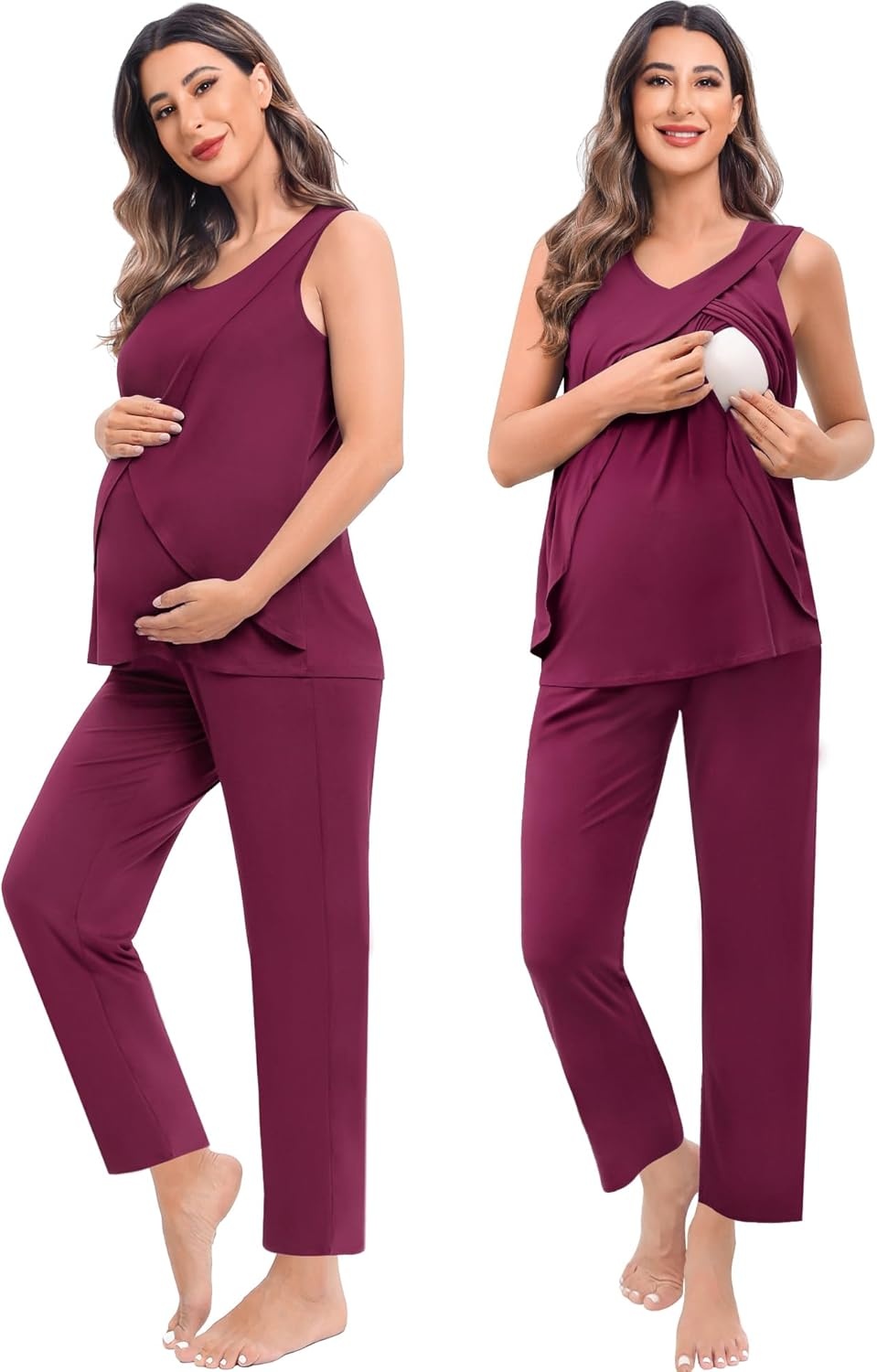 imageSWOMOG Maternity Nursing Robe Set 3 PCS Postpartum Breastfeeding Pajamas Hospital Pregnancy Pjs Double Layer Lounge SetBurgundy
