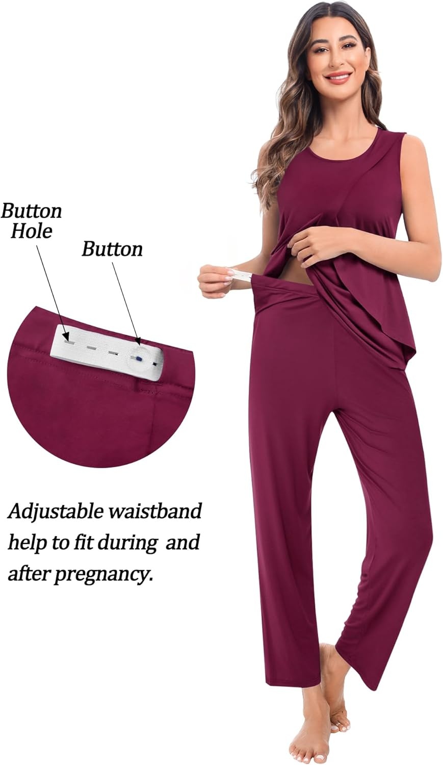 imageSWOMOG Maternity Nursing Robe Set 3 PCS Postpartum Breastfeeding Pajamas Hospital Pregnancy Pjs Double Layer Lounge SetBurgundy