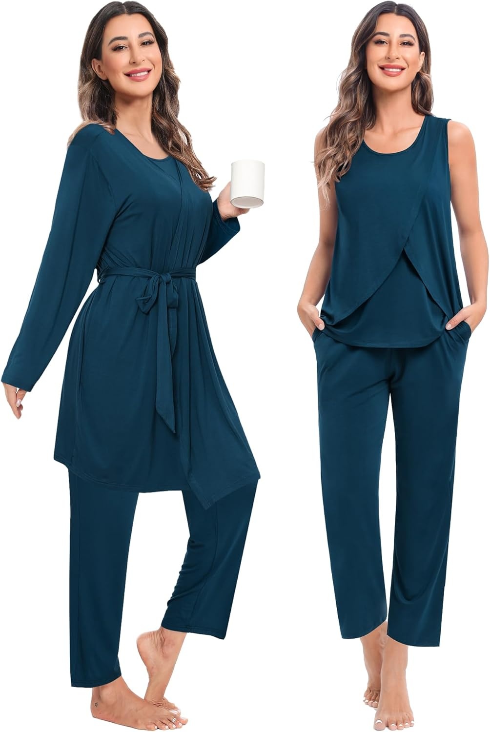 imageSWOMOG Maternity Nursing Robe Set 3 PCS Postpartum Breastfeeding Pajamas Hospital Pregnancy Pjs Double Layer Lounge SetOxford Blue
