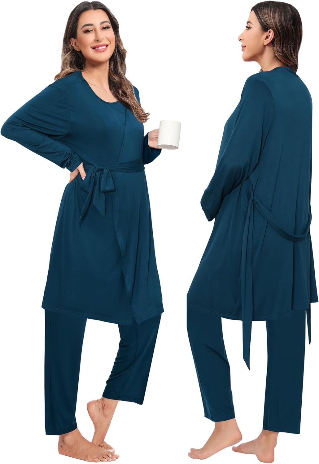 imageSWOMOG Maternity Nursing Robe Set 3 PCS Postpartum Breastfeeding Pajamas Hospital Pregnancy Pjs Double Layer Lounge SetOxford Blue