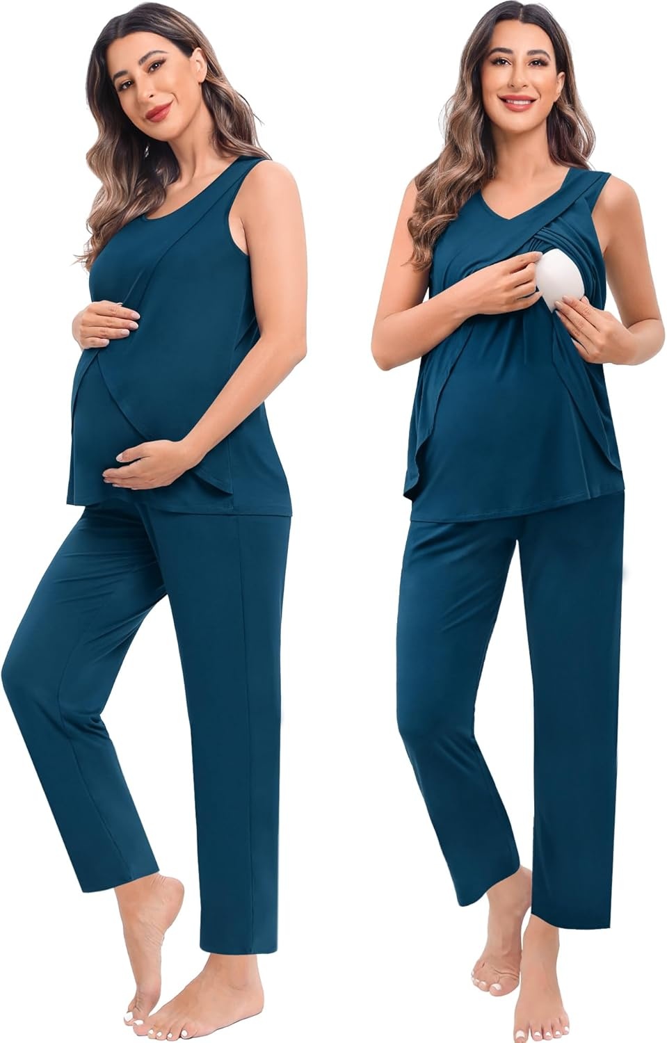 imageSWOMOG Maternity Nursing Robe Set 3 PCS Postpartum Breastfeeding Pajamas Hospital Pregnancy Pjs Double Layer Lounge SetOxford Blue