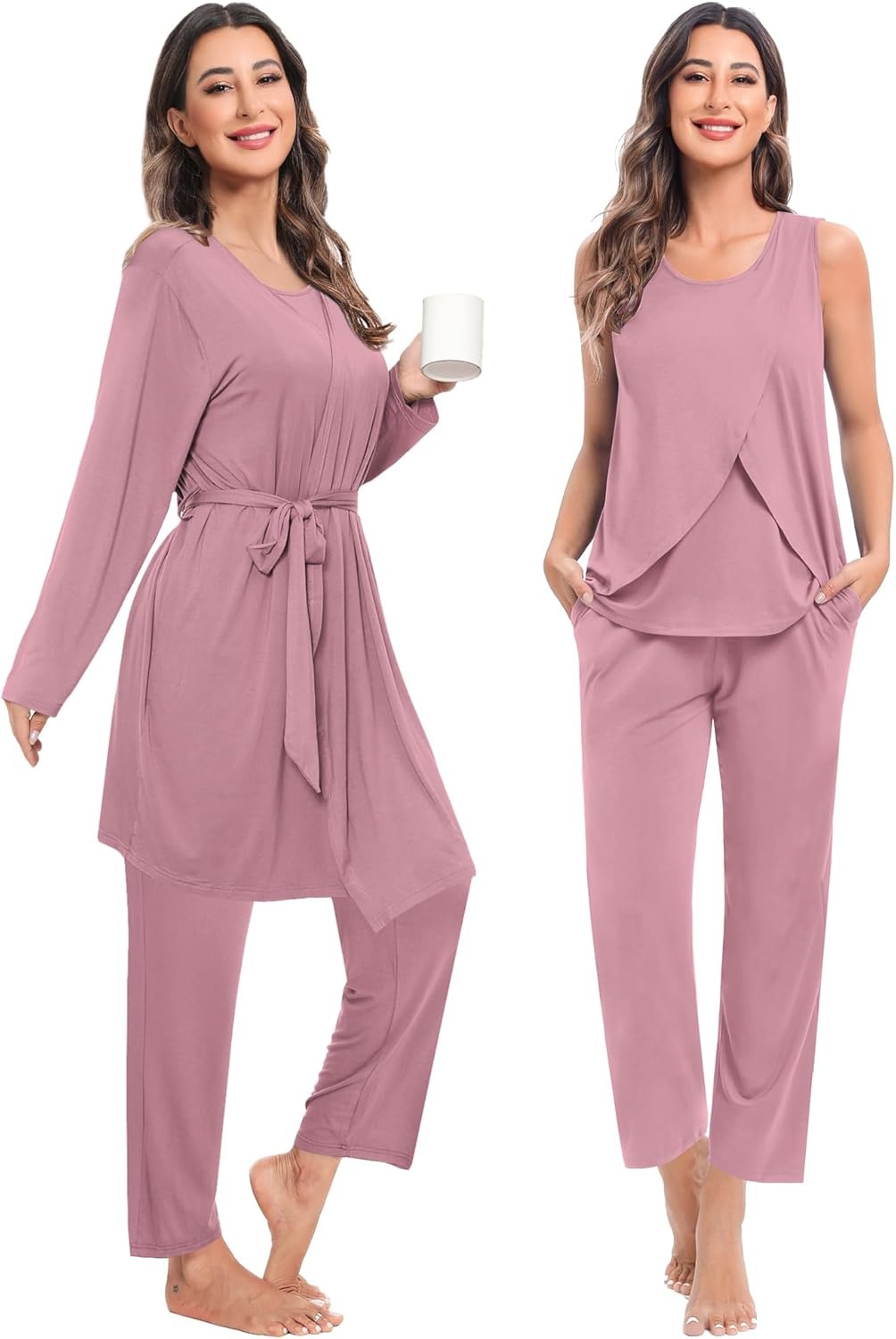 imageSWOMOG Maternity Nursing Robe Set 3 PCS Postpartum Breastfeeding Pajamas Hospital Pregnancy Pjs Double Layer Lounge SetTaro Purple