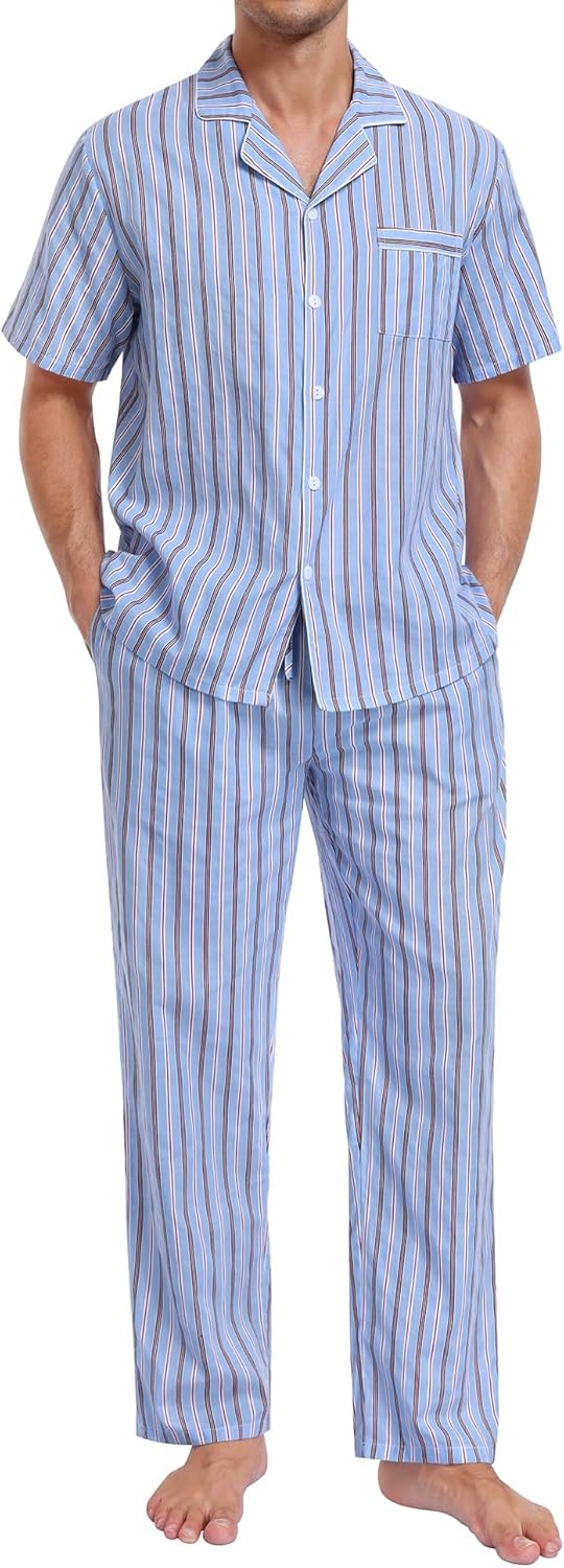 imageSWOMOG Mens 100 Cotton Pajama Set 2Pcs Button Down Pjs Set Short Sleeve Sleepwear with Long Pants Soft Stripe NightwearBlue Stripes
