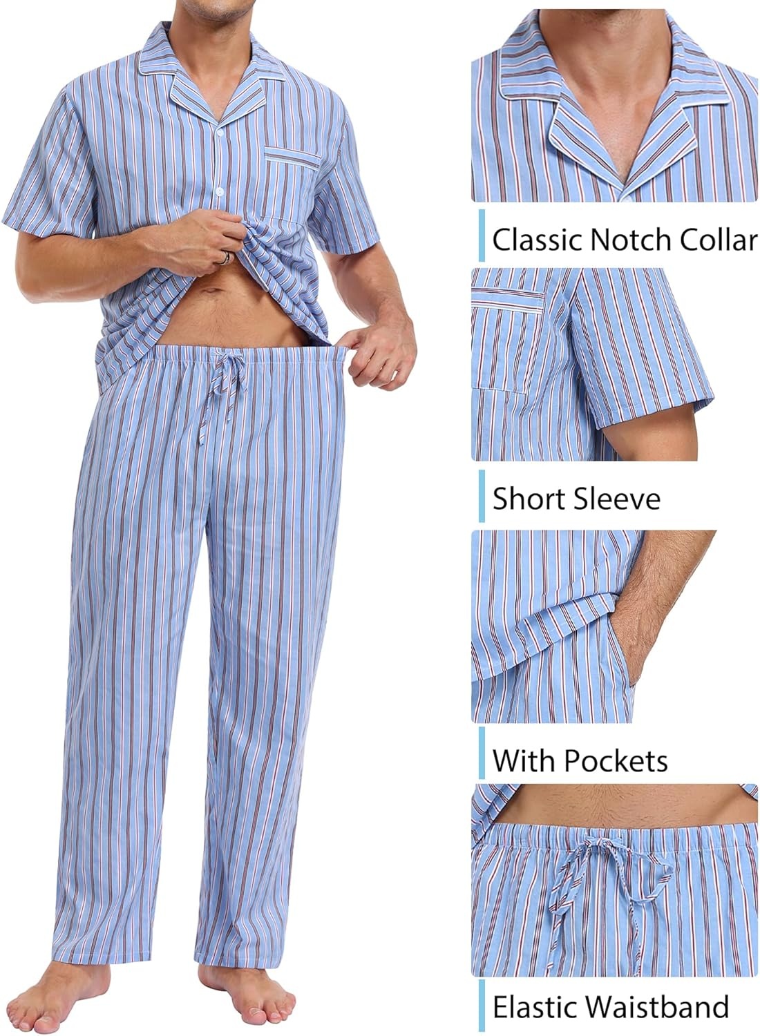 imageSWOMOG Mens 100 Cotton Pajama Set 2Pcs Button Down Pjs Set Short Sleeve Sleepwear with Long Pants Soft Stripe NightwearBlue Stripes