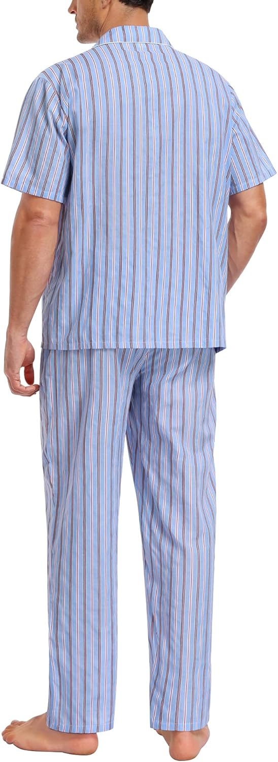 imageSWOMOG Mens 100 Cotton Pajama Set 2Pcs Button Down Pjs Set Short Sleeve Sleepwear with Long Pants Soft Stripe NightwearBlue Stripes