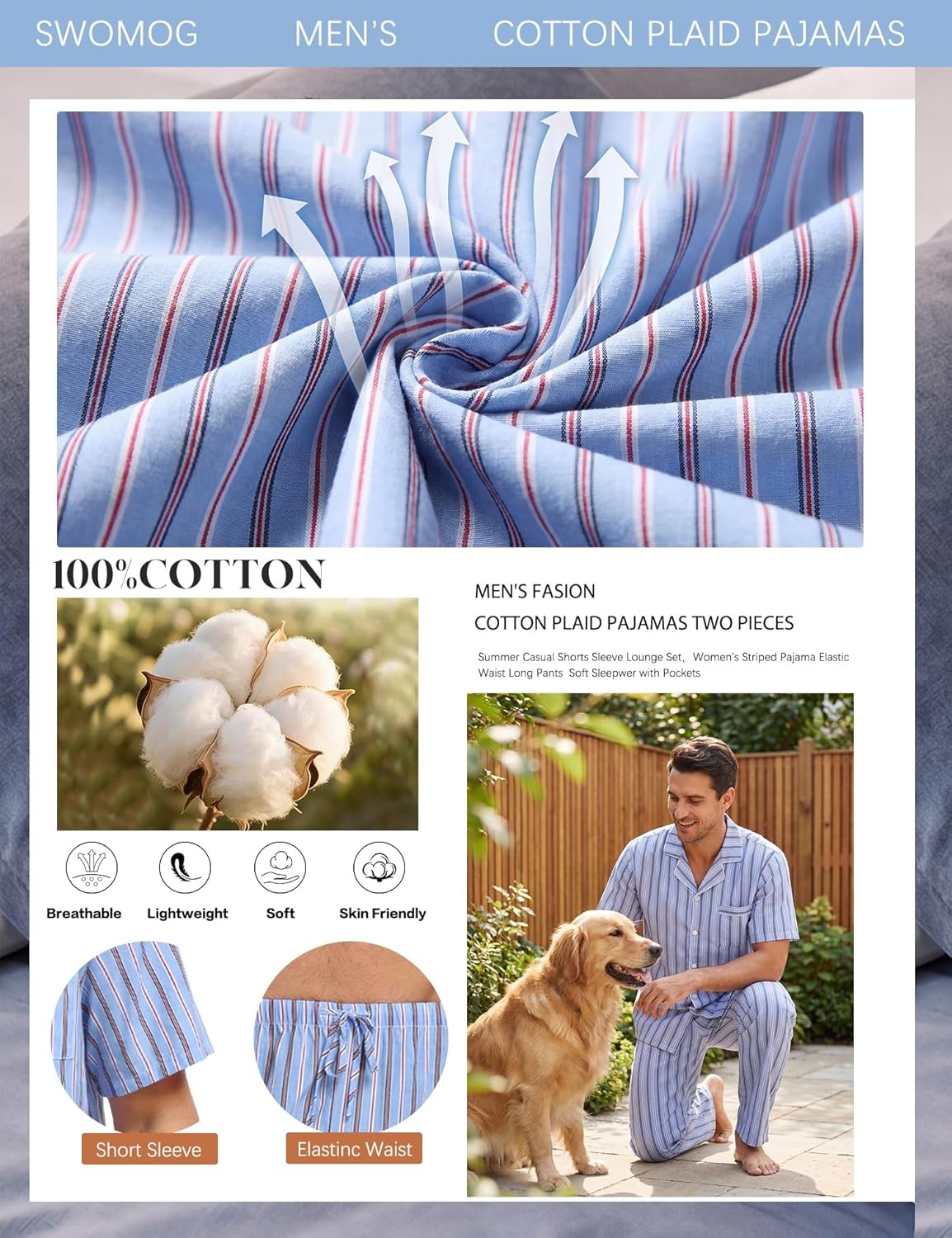 imageSWOMOG Mens 100 Cotton Pajama Set 2Pcs Button Down Pjs Set Short Sleeve Sleepwear with Long Pants Soft Stripe NightwearBlue Stripes