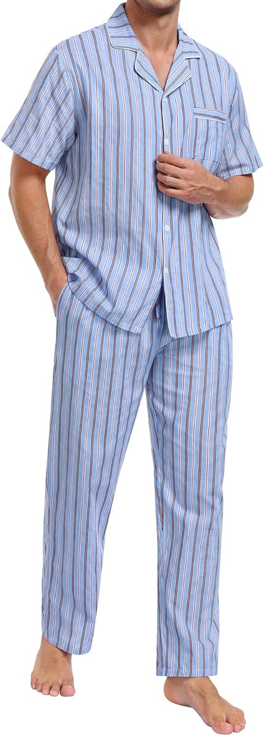 imageSWOMOG Mens 100 Cotton Pajama Set 2Pcs Button Down Pjs Set Short Sleeve Sleepwear with Long Pants Soft Stripe NightwearBlue Stripes