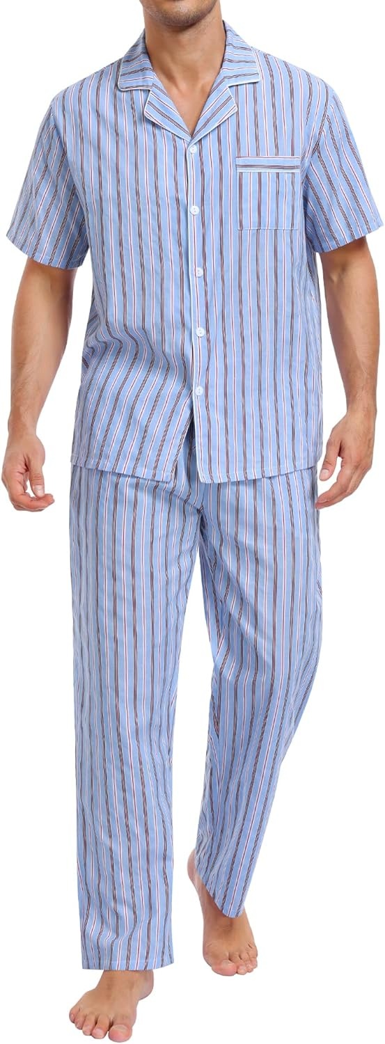 imageSWOMOG Mens 100 Cotton Pajama Set 2Pcs Button Down Pjs Set Short Sleeve Sleepwear with Long Pants Soft Stripe NightwearBlue Stripes