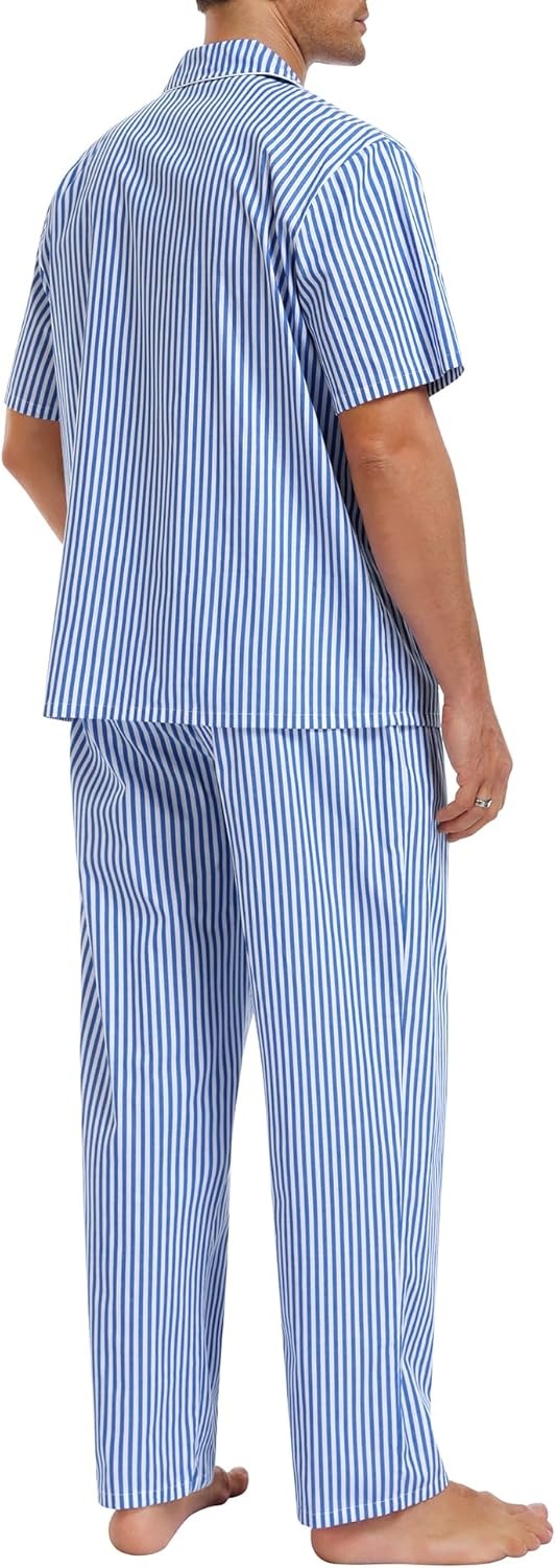 imageSWOMOG Mens 100 Cotton Pajama Set 2Pcs Button Down Pjs Set Short Sleeve Sleepwear with Long Pants Soft Stripe NightwearBlue White Stripes