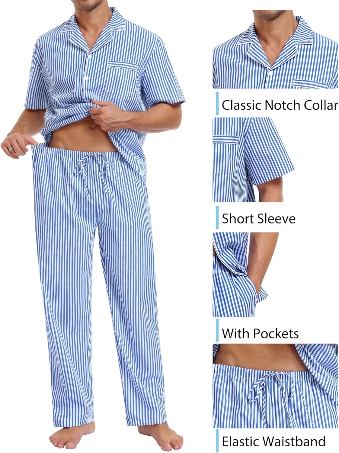 imageSWOMOG Mens 100 Cotton Pajama Set 2Pcs Button Down Pjs Set Short Sleeve Sleepwear with Long Pants Soft Stripe NightwearBlue White Stripes