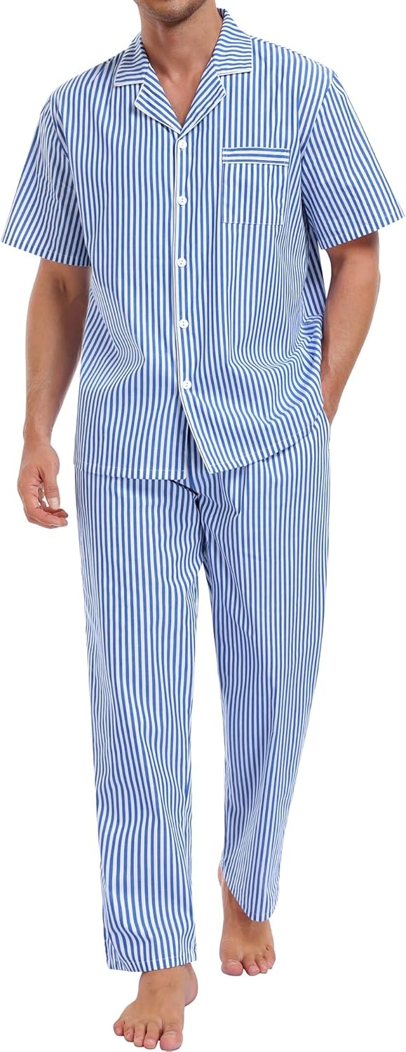 imageSWOMOG Mens 100 Cotton Pajama Set 2Pcs Button Down Pjs Set Short Sleeve Sleepwear with Long Pants Soft Stripe NightwearBlue White Stripes