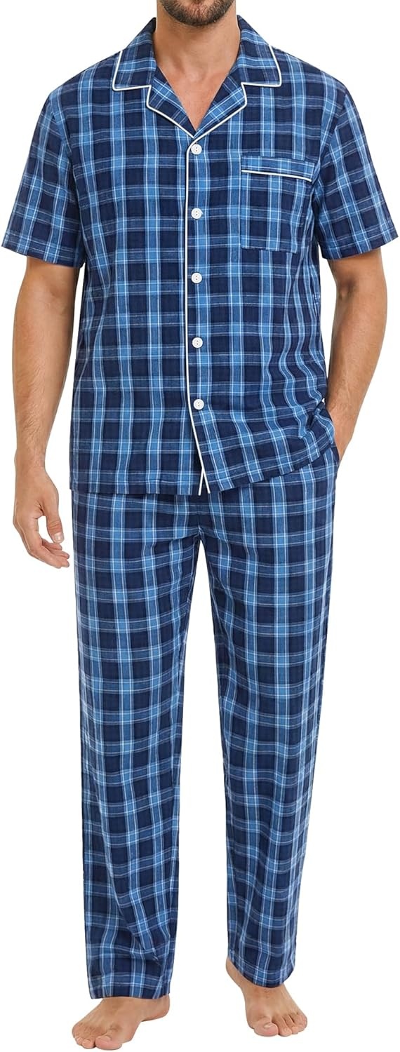 imageSWOMOG Mens 100 Cotton Pajama Set 2Pcs Button Down Pjs Set Short Sleeve Sleepwear with Long Pants Soft Stripe NightwearNavy Blue Plaid