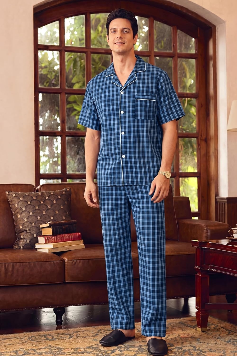 imageSWOMOG Mens 100 Cotton Pajama Set 2Pcs Button Down Pjs Set Short Sleeve Sleepwear with Long Pants Soft Stripe NightwearNavy Blue Plaid