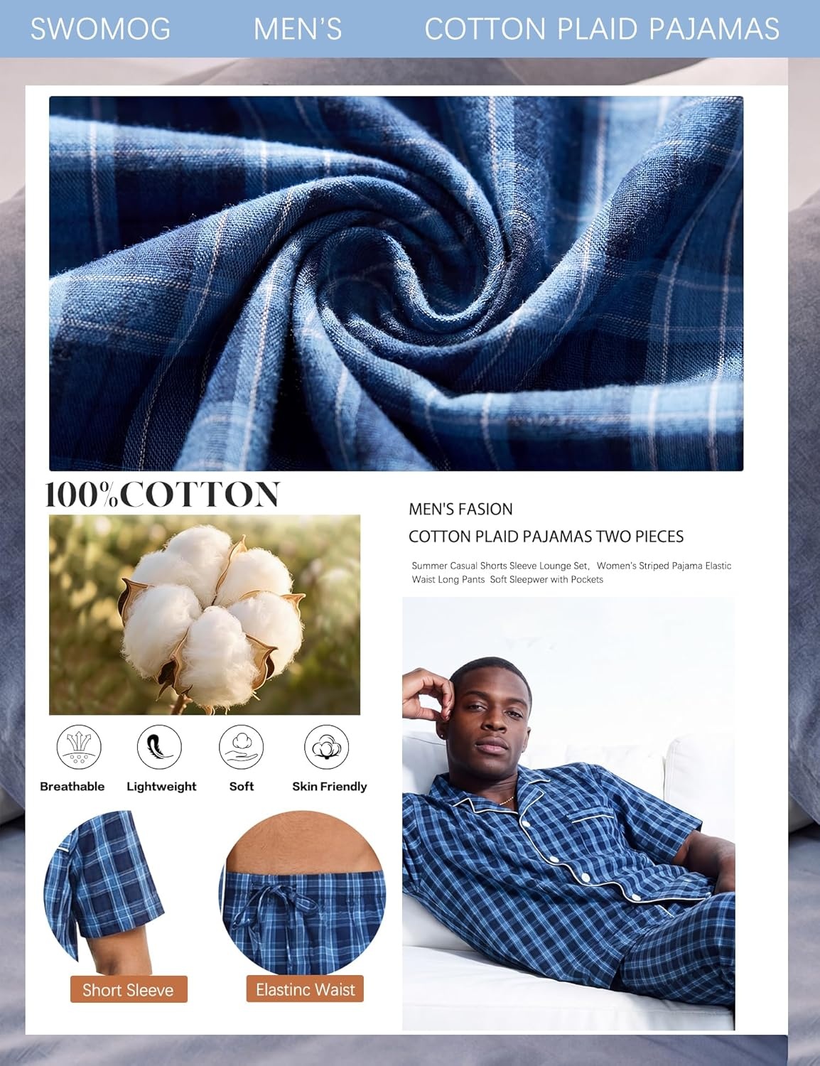 imageSWOMOG Mens 100 Cotton Pajama Set 2Pcs Button Down Pjs Set Short Sleeve Sleepwear with Long Pants Soft Stripe NightwearNavy Blue Plaid