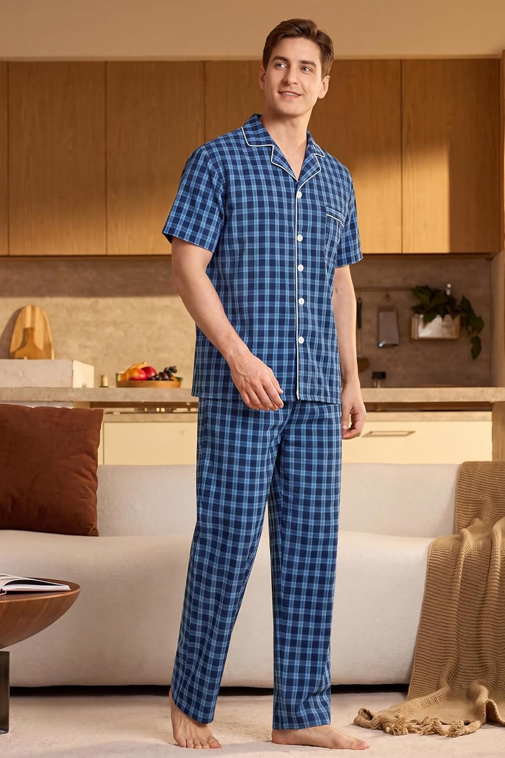 imageSWOMOG Mens 100 Cotton Pajama Set 2Pcs Button Down Pjs Set Short Sleeve Sleepwear with Long Pants Soft Stripe NightwearNavy Blue Plaid