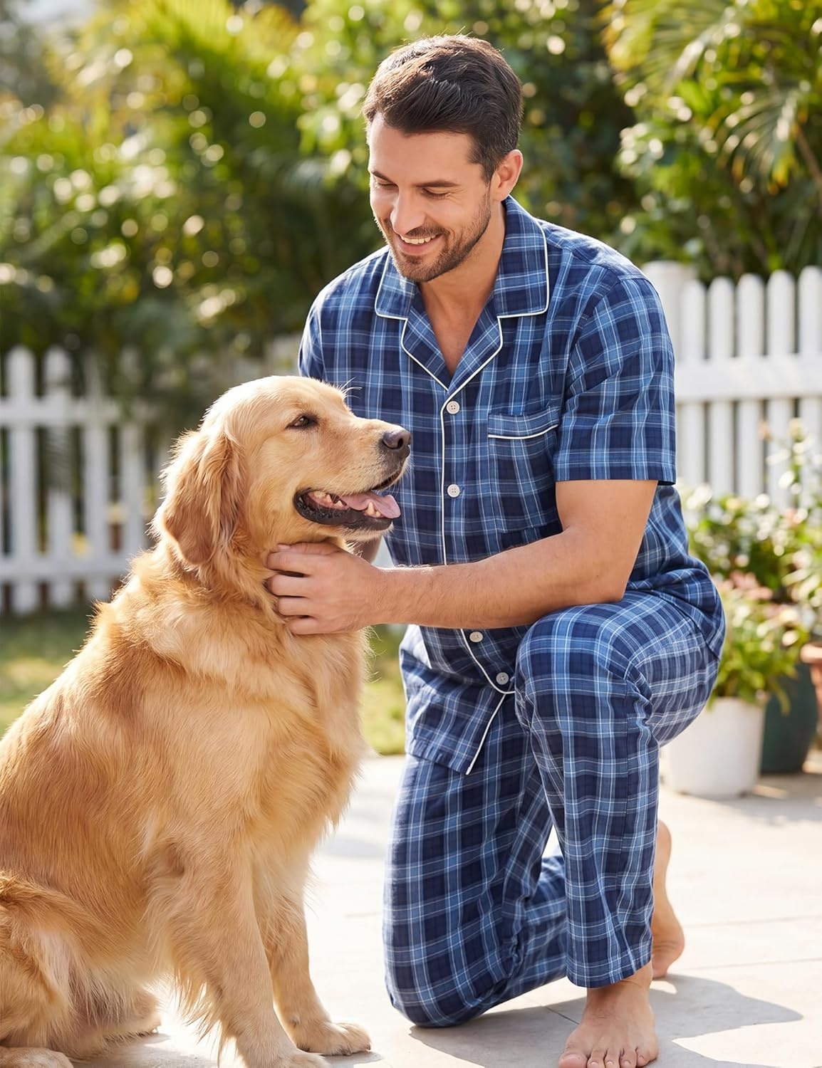 imageSWOMOG Mens 100 Cotton Pajama Set 2Pcs Button Down Pjs Set Short Sleeve Sleepwear with Long Pants Soft Stripe NightwearNavy Blue Plaid