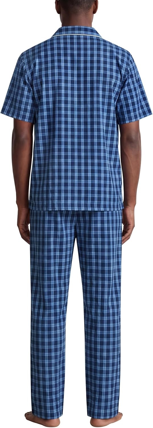 imageSWOMOG Mens 100 Cotton Pajama Set 2Pcs Button Down Pjs Set Short Sleeve Sleepwear with Long Pants Soft Stripe NightwearNavy Blue Plaid