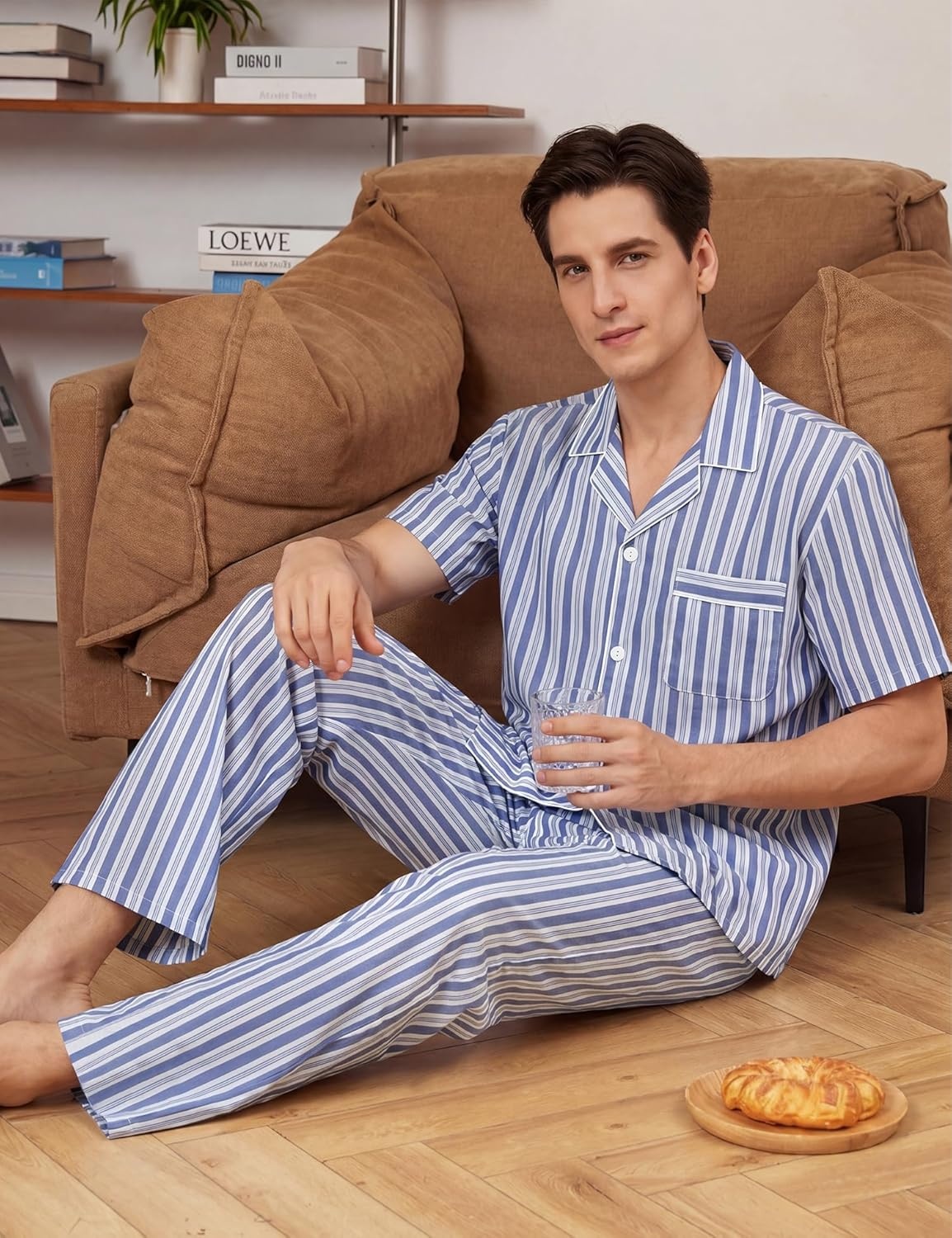 imageSWOMOG Mens 100 Cotton Pajama Set 2Pcs Button Down Pjs Set Short Sleeve Sleepwear with Long Pants Soft Stripe NightwearNavy White Stripes