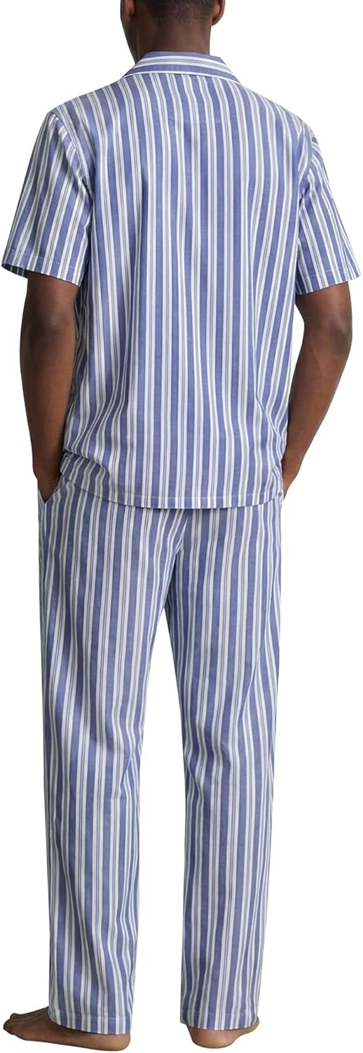 imageSWOMOG Mens 100 Cotton Pajama Set 2Pcs Button Down Pjs Set Short Sleeve Sleepwear with Long Pants Soft Stripe NightwearNavy White Stripes