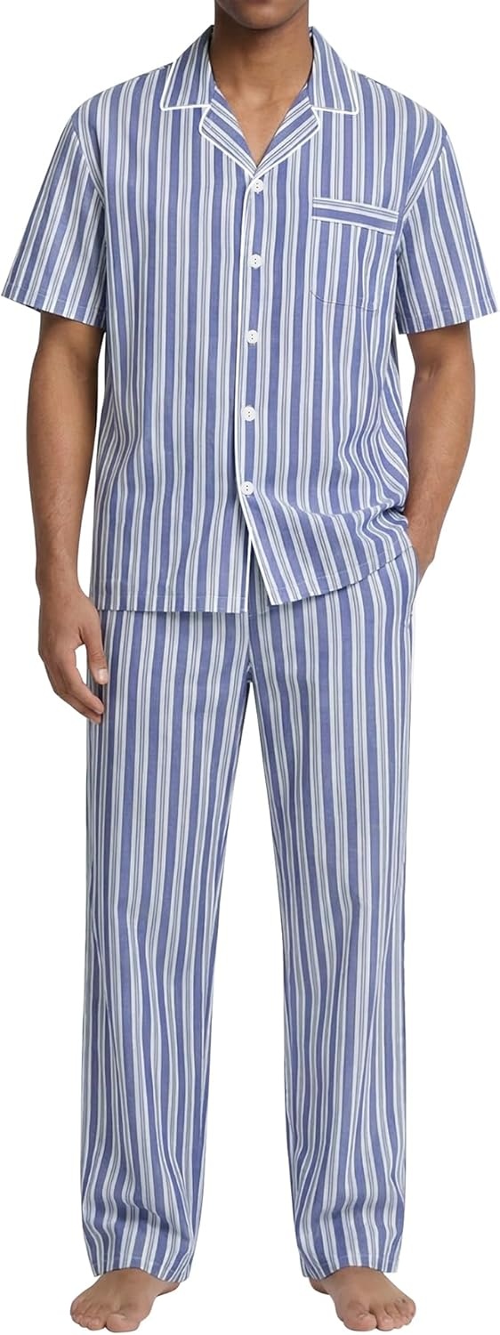 imageSWOMOG Mens 100 Cotton Pajama Set 2Pcs Button Down Pjs Set Short Sleeve Sleepwear with Long Pants Soft Stripe NightwearNavy White Stripes