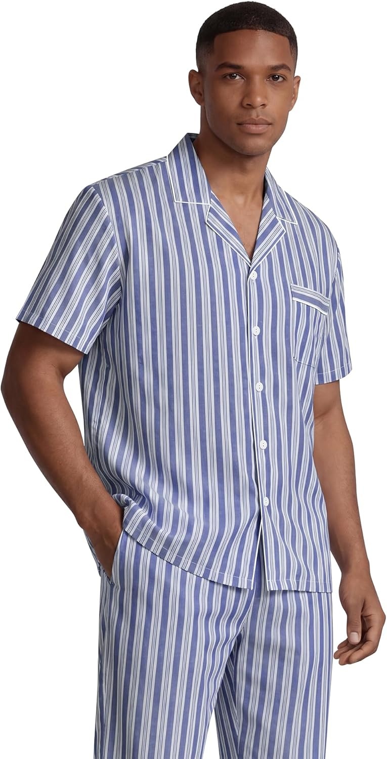 imageSWOMOG Mens 100 Cotton Pajama Set 2Pcs Button Down Pjs Set Short Sleeve Sleepwear with Long Pants Soft Stripe NightwearNavy White Stripes