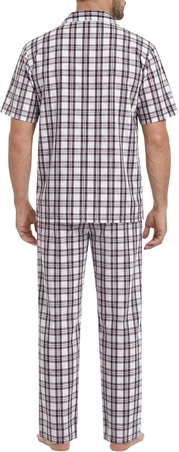 imageSWOMOG Mens 100 Cotton Pajama Set 2Pcs Button Down Pjs Set Short Sleeve Sleepwear with Long Pants Soft Stripe NightwearWhite Brown Plaid