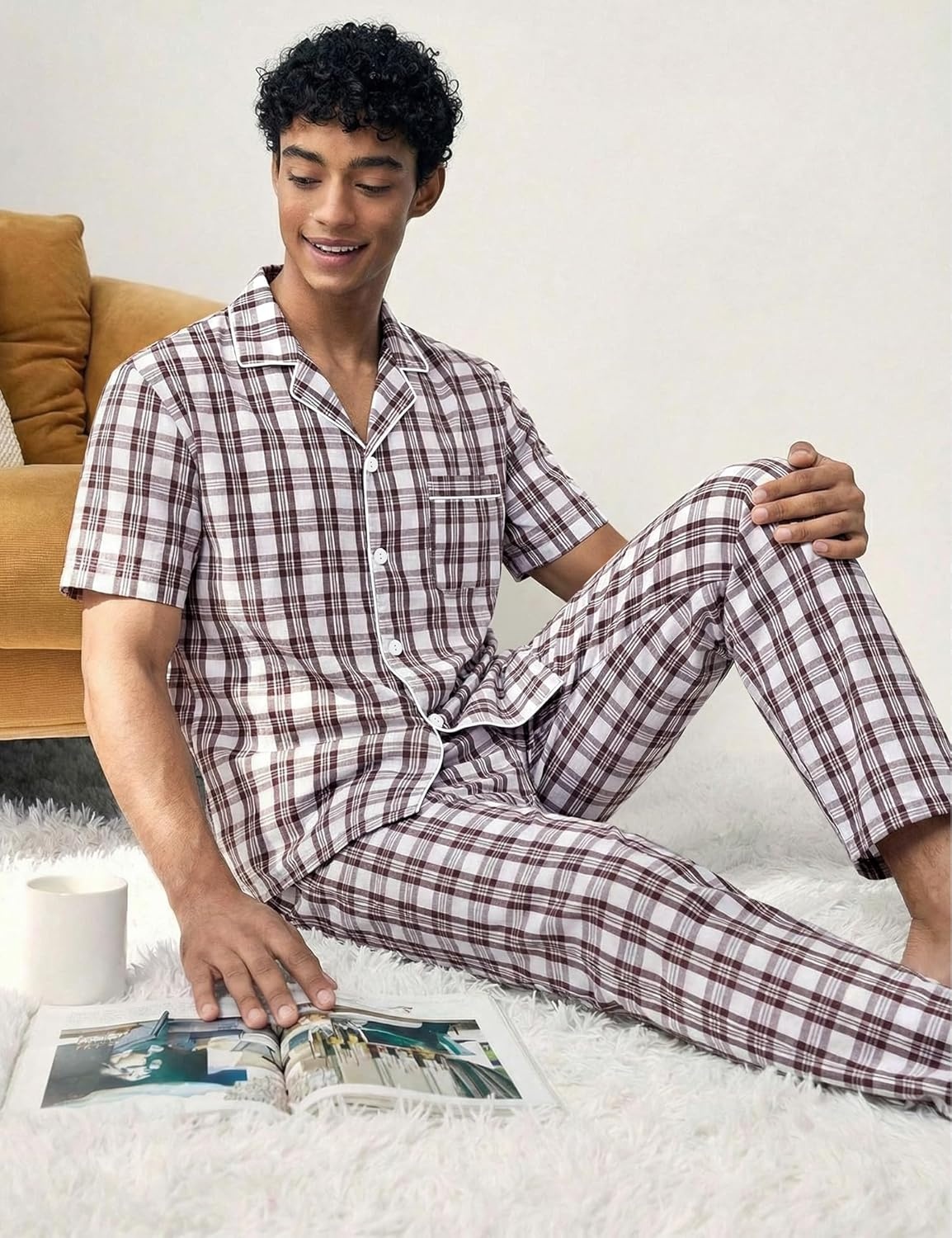 imageSWOMOG Mens 100 Cotton Pajama Set 2Pcs Button Down Pjs Set Short Sleeve Sleepwear with Long Pants Soft Stripe NightwearWhite Brown Plaid