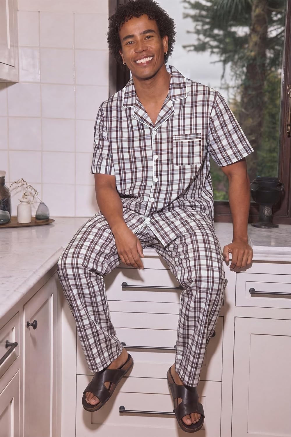 imageSWOMOG Mens 100 Cotton Pajama Set 2Pcs Button Down Pjs Set Short Sleeve Sleepwear with Long Pants Soft Stripe NightwearWhite Brown Plaid