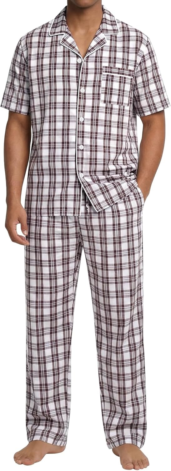 imageSWOMOG Mens 100 Cotton Pajama Set 2Pcs Button Down Pjs Set Short Sleeve Sleepwear with Long Pants Soft Stripe NightwearWhite Brown Plaid