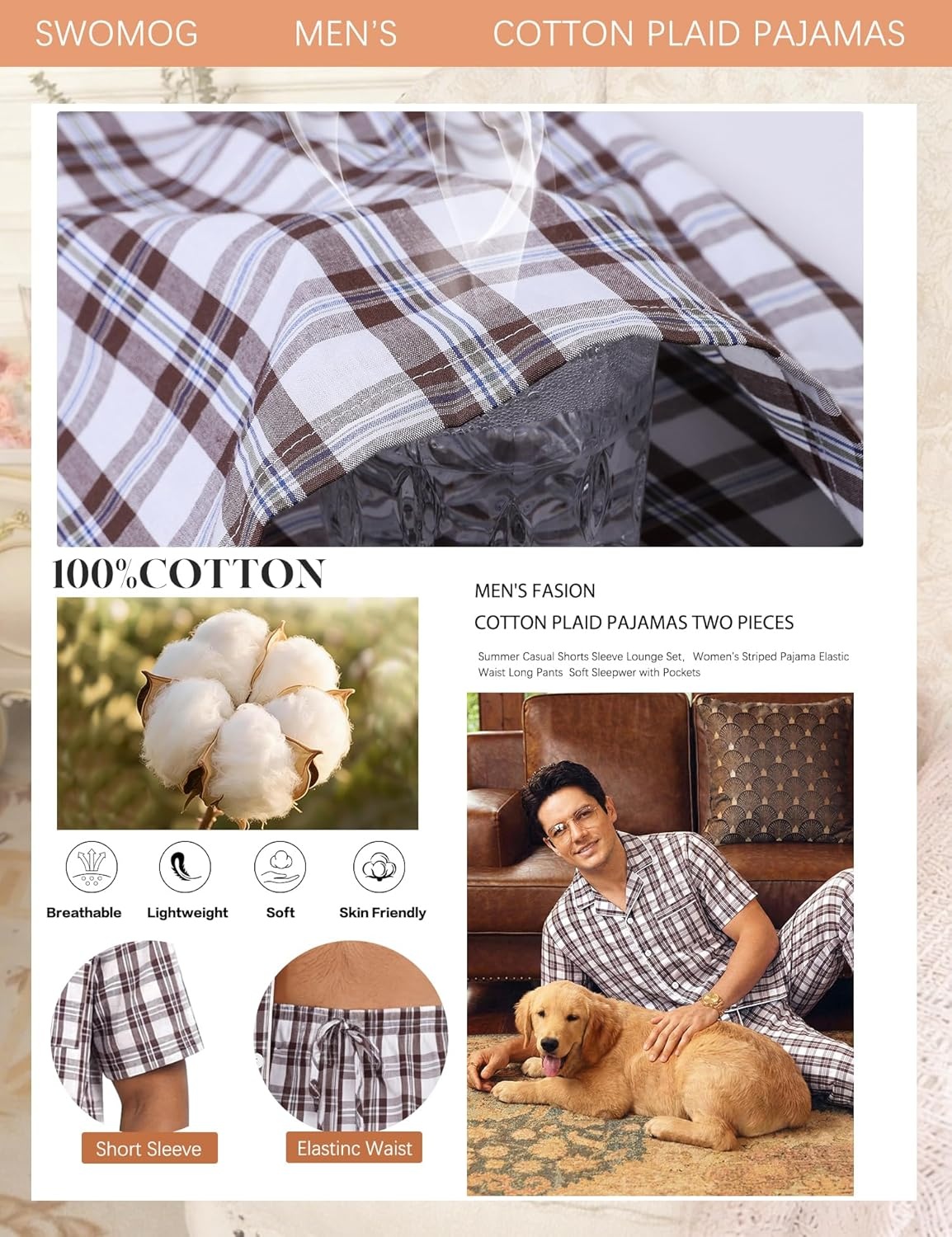 imageSWOMOG Mens 100 Cotton Pajama Set 2Pcs Button Down Pjs Set Short Sleeve Sleepwear with Long Pants Soft Stripe NightwearWhite Brown Plaid