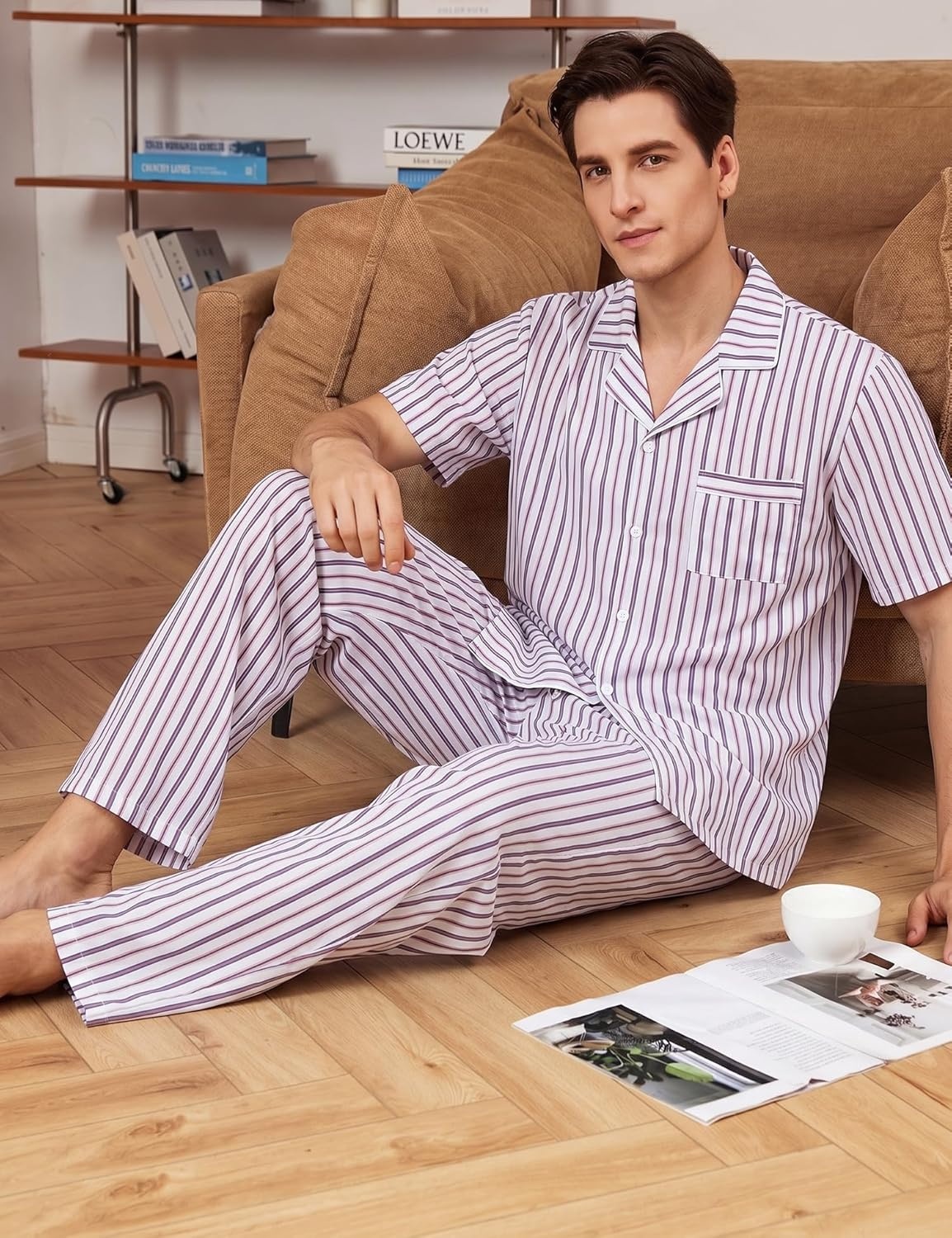 imageSWOMOG Mens 100 Cotton Pajama Set 2Pcs Button Down Pjs Set Short Sleeve Sleepwear with Long Pants Soft Stripe NightwearWhite Stripes