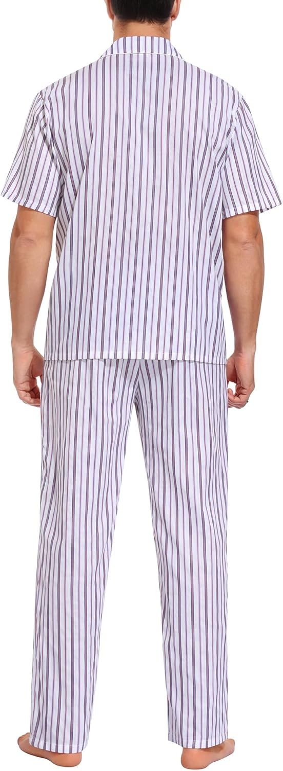 imageSWOMOG Mens 100 Cotton Pajama Set 2Pcs Button Down Pjs Set Short Sleeve Sleepwear with Long Pants Soft Stripe NightwearWhite Stripes