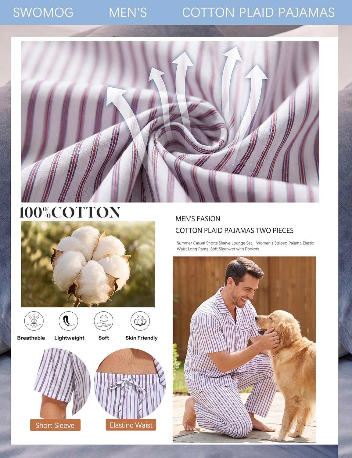imageSWOMOG Mens 100 Cotton Pajama Set 2Pcs Button Down Pjs Set Short Sleeve Sleepwear with Long Pants Soft Stripe NightwearWhite Stripes