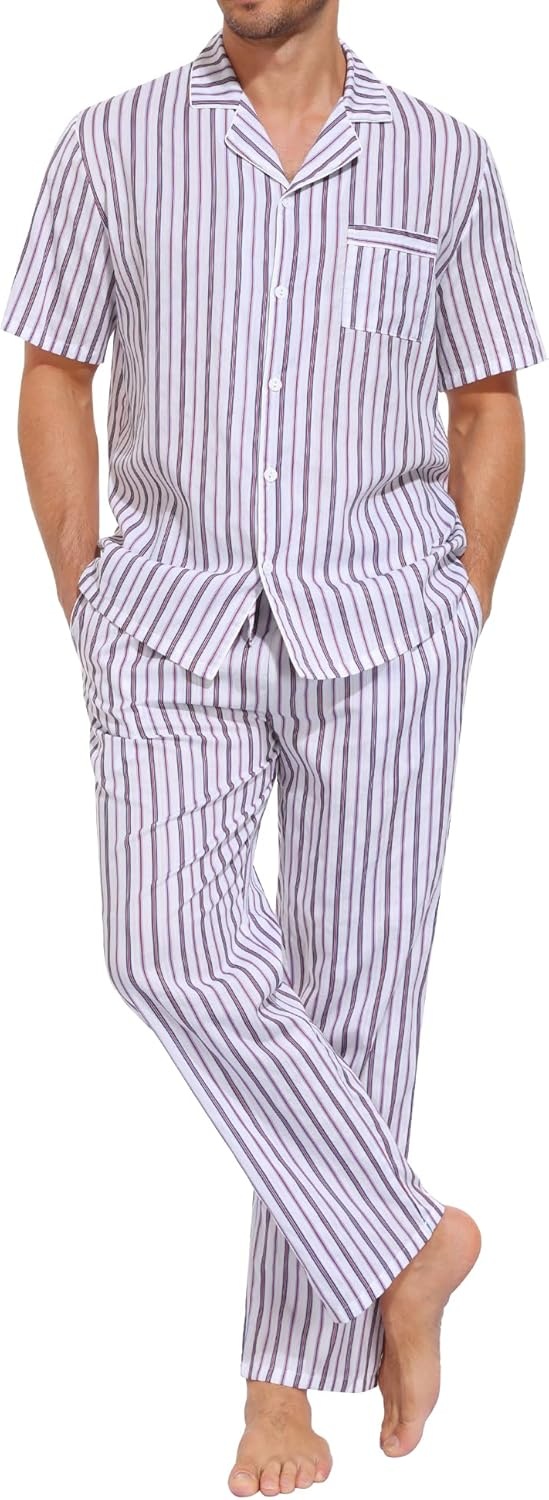imageSWOMOG Mens 100 Cotton Pajama Set 2Pcs Button Down Pjs Set Short Sleeve Sleepwear with Long Pants Soft Stripe NightwearWhite Stripes