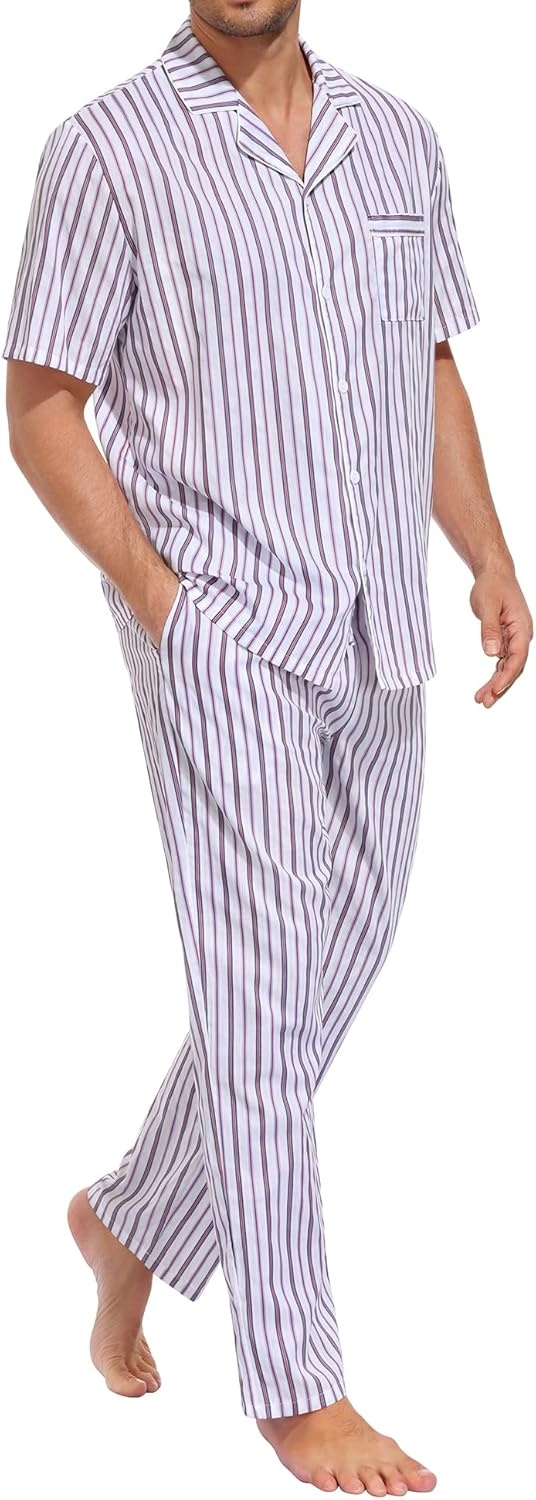imageSWOMOG Mens 100 Cotton Pajama Set 2Pcs Button Down Pjs Set Short Sleeve Sleepwear with Long Pants Soft Stripe NightwearWhite Stripes
